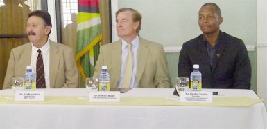 From left SKYE Chief-of-Party Dr. Jan Karpowicz, US Ambassador Brent Hardt and GCCI President Clinton Urling at the launching of the SKYE project job bank on GCCI’s website yesterday  