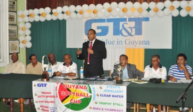 Minister of Culture, Youth and Sport Dr Frank Anthony (standing) at the head table at the launch of Guyana Softball Cup 111