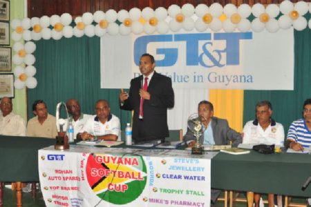 Minister of Culture, Youth and Sport Dr Frank Anthony (standing) at the head table at the launch of Guyana Softball Cup 111