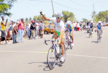 Paul DeNobrega crossing the finish line