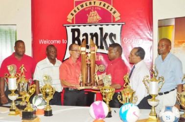 The GFA/Banks Beer Cup Launch Committee from left to right are- Banks DIH Limited Outdoor Events Manage Mortimer Stewart, Banks DIH Communications Officer Troy Peters, GFF Vice President of Technical and Tactical Development Ivan Persaud, Banks Beer Brand Manager Brian Choo-Hen, GFA President Vernon Burnett and GFF Referees Representative Roy McArthur. (Orlando Charles photo) 