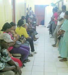 A long line of patients waiting at the centre to be treated. 