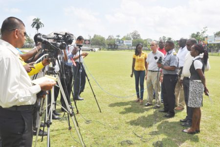 GFA President Vernon Burnett addressing the media gathering during the GFA/Banks Beer Knockout Cup press briefing while other members of the GFA and title sponsor Banks DIH Limited look on.
