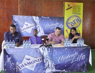 The launch committee of the ninth edition of the Demerara Distillers Limited (DDL) Diamond Mineral Water International Indoor Hockey Festival from left to right - GHB Treasurer Devin Hooper, Diamond Mineral Water Brand Executive Larry Wills, GHB President Philip Fernandes and Ansa McAl PRO Darshannie Yussuf.