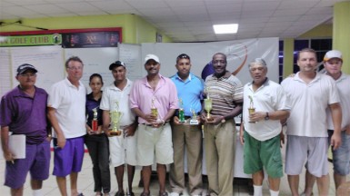 The prize winners after Saturday’s Wartsila sponsored golf tournament at the Lusignan Golf Club. 