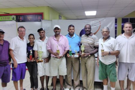 The prize winners after Saturday’s Wartsila sponsored golf tournament at the Lusignan Golf Club.
