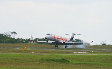 CONVIASA makes its first landing in Guyana yesterday afternoon shortly after 14:00 hours. 