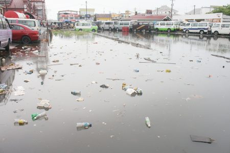 Friday’s  torrential rains floated up the ongoing garbage problems outside of the Stabroek Market. 