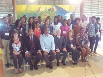 (Sitting left to right) Facilitator of business lab Rina Yaffe, Minister of Culture Frank Anthony, Prime Minister Samuel Hinds, Israel’s Ambassador to Guyana Amiram Magid, Director of Microenterprise Development Training Shula Ferdman, and YABT representative Akarda Ventour with some of the participants of the business lab.