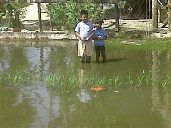 Sonny and his brother standing in the flood water