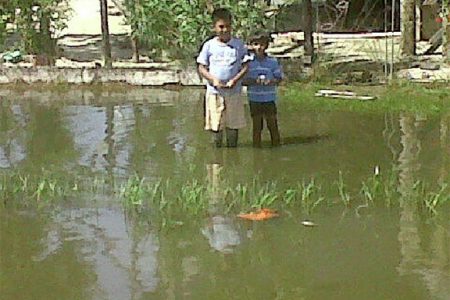 Sonny and his brother standing in the flood water
