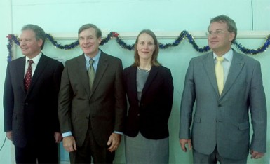 (Left to Right) British High Commissioner to Guyana Andrew Ayre, US Ambassador Brent Hardt, Canadian High Commissioner Nicole Giles and Head of the EU Delegation Ambassador Robert Kopecky.