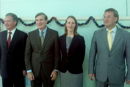 (Left to Right) British High Commissioner to Guyana Andrew Ayre, US Ambassador Brent Hardt, Canadian High Commissioner Nicole Giles and Head of the EU Delegation Ambassador Robert Kopecky.