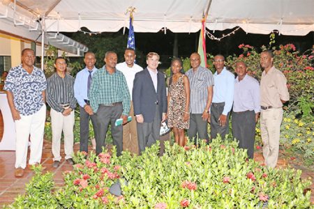 US Ambassador to Guyana Brent Hardt (centre) with the ten winners of the US embassy’s “Entrepreneurship Speed Challenge” on Tuesday evening. The winners are: Christopher Wilson, Ian Cole, Troy Powell, Diquan Lewis, Jeromie Rollins, Raule Williams, Marvin Wray, Candace Wickham, Anthony Willis and Jomo Wilson.
