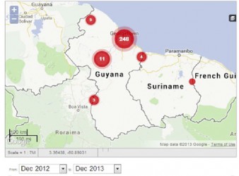 A screenshot of the Guyana Crime Reports website showing the mapping of the incidence of crimes in/ related to Guyana. 