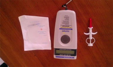 Microchip equipment: (from left) a microchip encased in a bag, the identification radar and the syringe used for the chip’s insertion.  