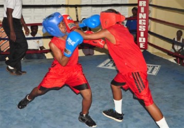 Shaquille Wright of the Essequibo Boxing Gym (left) throws a jab during his points victory over Stefon Edwards of the Harpy Eagles Gym. (Orlando Charles photo) 