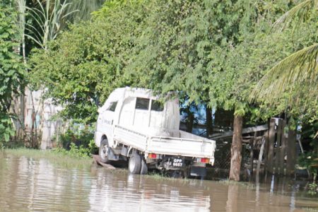 Marooned? This Canter truck was parked on a slope yesterday at Lusignan, East Coast Demerara to escape the flood water which seemed to be inching up. (Photo by Arian Browne)