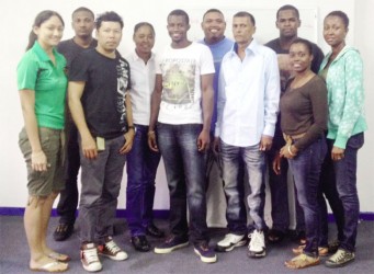  The newly elected members of the Demerara Volleyball Association (DVA) with the President Jadeshwar Doolchand (front row second from right with the long sleeved shirt) 