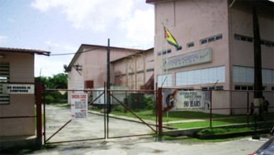 The Guyana Public Service Union banner is prominently placed at the entrance to the Linden Hospital Complex.