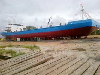 The trawler sits in the shipyard less than a month from being launched into the Demerara River 