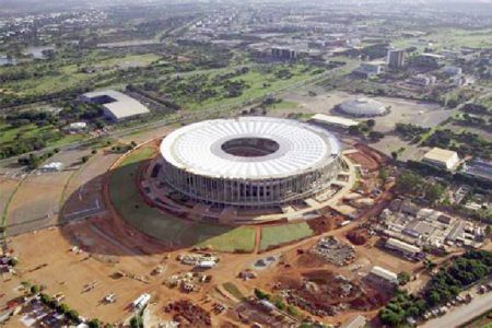 A general view of the National Mane Garrincha Stadium, seen under construction in Brasilia April, 28, 2013.CREDIT: REUTERS/UESLEI MARCELINO.
