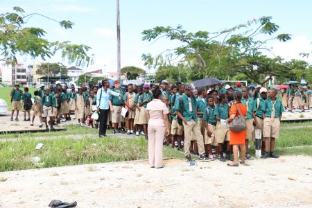 St John's students waiting on Parade Ground for the all-clear