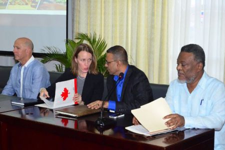 From left to right Guyana Goldfields CEO Scott Caldwell, Canadian High Commissioner Dr Nicole Giles, Minister of Natural Resources and Environment Robert Persaud, and Prime Minister Samuel Hinds at a forum for stakeholders held yesterday by Guyana Goldfields. (GINA photo)