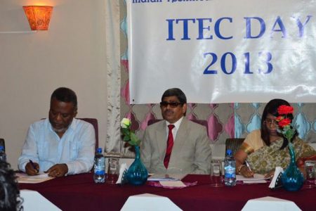 Prime Minister Samuel Hinds (left), Indian High Commissioner to Guyana Puran Mal Meena (centre) and  Madhumita Sengupta, First Secretary Commerce & Education, High Commission of India to Guyana, at the ITEC Day 2013 observance. A GINA release said that the Government of India would like to see offers under the Indian Technical Economic Cooperation (ITEC) programme being more utilised, Indian High Commissioner to Guyana Puran Mal Meena urged.  The High Commissioner added that his Government would also welcome requests for equipment and other requirements from Guyana. The event was held at the Aagman Restaurant. (GINA photo)