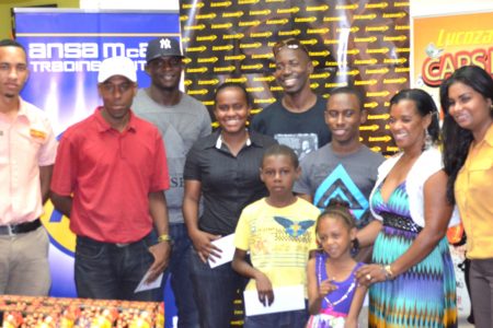 Lucozade helped a few of its Lucozade Caps for Cash promotion winners to usher in the festive season early when they each received US$500 yesterday at ANSA McAL Trading Ltd, Beterverwagting, E.C.D.The Lucozade winners were; Daniel Warner of New Amsterdam, Berbice, Carlyle Anthony of North East, La Penitence, Richard Haynes of North Rd. Bourda, Natasha Lewis of Better Hope, Leroy Edwards of New Amsterdam, Berbice, Enoch Craig of Triumph, E.C.D, and Paul D. John of Uitvlugt and Christopher Ishwardeen who were unable to make the presentation, a press release from the company said.The final drawing for the grand winners will be held on December 13th, 2013 when three lucky persons will win US$3000, US$1500 and US$1000!!!