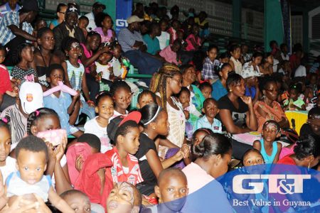 GT&T’s Magical Night of Christmas has become a traditional feature in the Christmas calendar of events in Guyana of the past few years.  The event has outgrown its traditional venue in the Promenade Gardens and this year was held at the Cliff Anderson Sports Hall yesterday. A GT&T release yesterday said that despite the inclement weather hundreds of children showed up for the cultural programme. A part of the audience at the event. (GT&T photo)