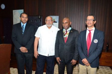 The possibility of closer ties and mutual assistance between the Government and the Rotary Club was discussed when the organisation’s District Governor, Herve Honore, paid a courtesy call on President Donald Ramotar yesterday. From left to right: Minister of Culture, Youth and Sport Dr. Frank Anthony, President Donald Ramotar, Southern Caribbean Rotary District Governor Herve Honore and Rotary District Governor for Guyana Marcel Gaskin. (GINA photo)