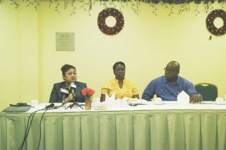 From left Minister of Education Priya Manickchand, centre MOE PS Delma Nedd and right CEO Olato Sam.