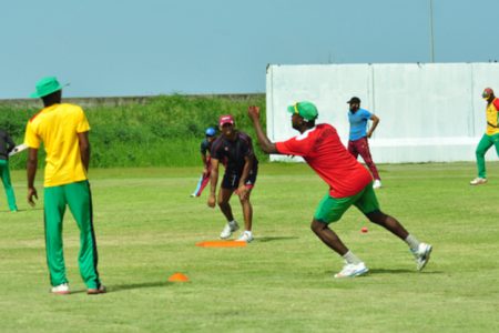 GOTCHA!  With the knowledge that catches win matches and that many a match has been lost because a batsman had been let off the hook, the national cricket squad, preparing for the upcoming regional season went through a rigorous session of fielding drills yesterday at the Everest Cricket Club Ground camp Road. Above, West Indies and Guyana middle order batsman and one of the most dependable fielders in the team Shivnarine Chanderpaul watches keenly as fast bowler Keon Joseph takes a reflex catch. (Orlando Charles photo)