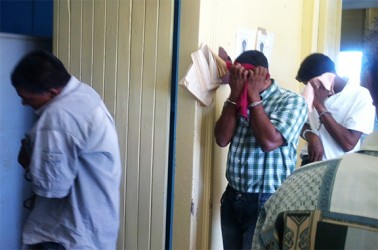 The accused: Doodnauth Sieuchand, Karran Ramit  and Premnauth Seepersaud  leaving court yesterday. 