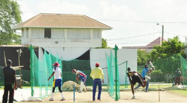 Some of the players hitting their straps during yesterday’s net session at Everest. 