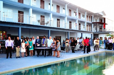 President Donald Ramotar, the Park Vue proprietors and guests at the opening of the Hotel on Sunday