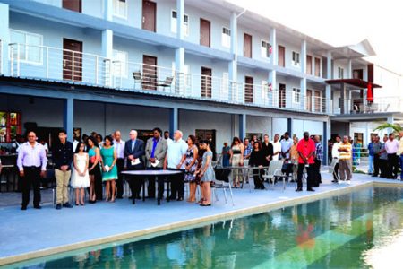 President Donald Ramotar, the Park Vue proprietors and guests at the opening of the Hotel on Sunday