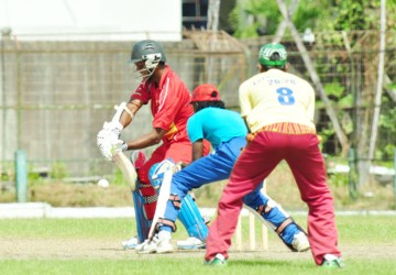 Shivnarine Chanderpaul plays one watchfully during his solid knock. (Orlando Charles photo)