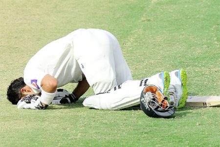 Shehzad dropped to the ground in thanks after scoring his maiden Test ton in the evening session. (photo Cricket365)