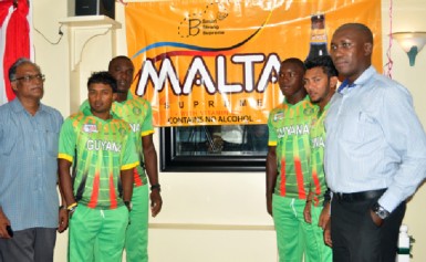 From left Director of Sport Neil Kumar, Veerasammy Permaul, Royston Crandon, Anthony Brabmle, Devendra Bishoo,  and Malta Supreme Brand Manager Clayton McKenzie. 