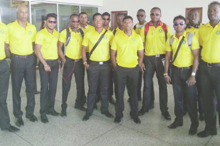 The Guyana national cricket team prior to their departure for Trinidad yesterday morning.
