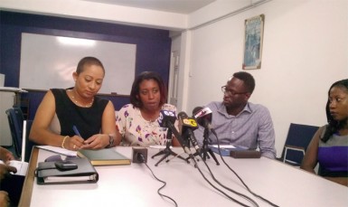 From left: CVC/COIN Country Coordinator Zenita Nicholson, Project Coordina-tor of Artists in Direct Support Mercia George and the Coordinator of SASOD Joel Simpson at the press conference yesterday.  