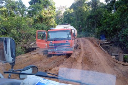A fuel truck stuck last week on the “repaired” bridge on the Linden- Lethem road which had caved in just before Christmas.