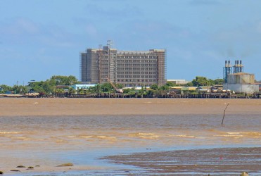 What the unfinished Marriott Hotel looks like from West Demerara