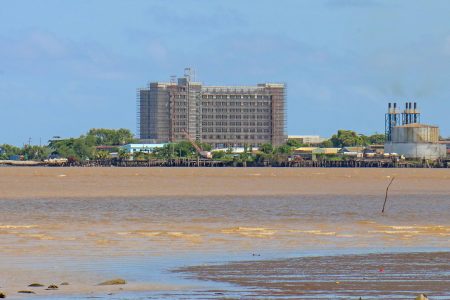 What the unfinished Marriott Hotel looks like from West Demerara