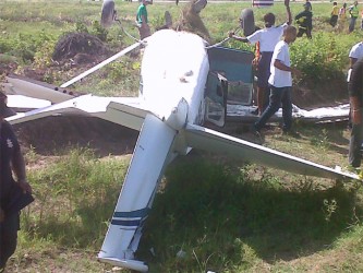  Fenix’s 206 Cessna after it crashed at the Ogle International Airport yesterday morning. Fenix’s 206 Cessna after it crashed at the Ogle International Airport yesterday morning. 