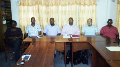 Some of the members of the newly elected GABF executive from left to right assistant secretary/treasurer Leona Kyte, general secretary Richard Blair, vice president Haslyn Graham, president Nigel Hinds, vice president Michael Singh and Technical Director Cecil Chin. Missing from photo through their absence at the election are treasurer Clairmonte De Nobrega and vice president Kenrick Thomas.