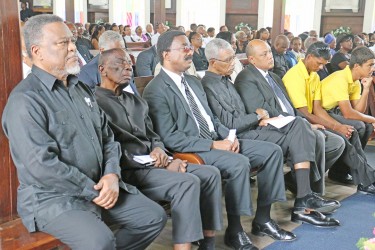 From left are Prime Minister Sam Hinds, Llewellyn John, Basil Williams, Opposition Leader David Granger, Speaker of the National Assembly Raphael Trotman, star batsman Shivnarine Chanderpaul and his son Tagenarine.