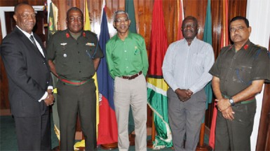 From left are APNU’s Joe Harmon, GDF Chief of Staff Mark Phillips, Leader of the Opposition David Granger APNU MP Winston Felix and Deputy Chief of Staff Colonel Khemraj Persaud. (GDF photo) 